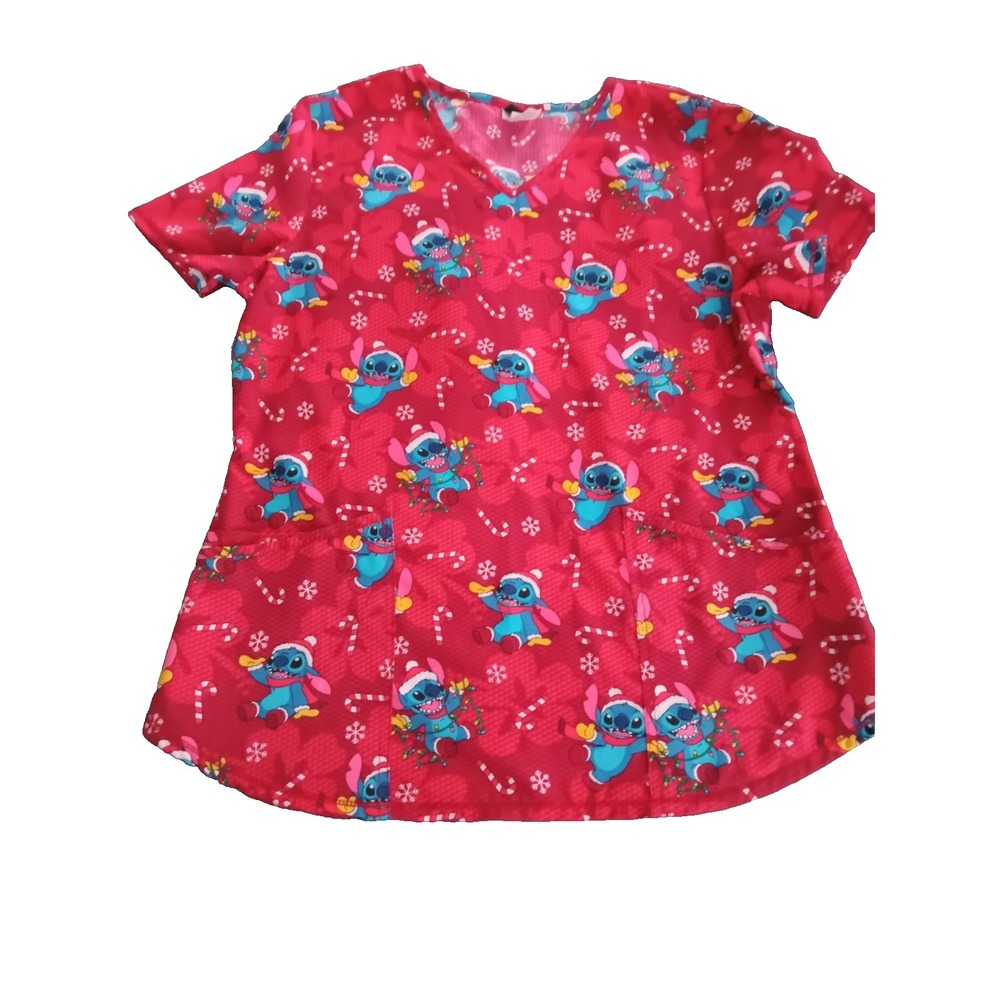 Disney Short Sleeve Santa Stitch Medium Polyester Blend scrub top